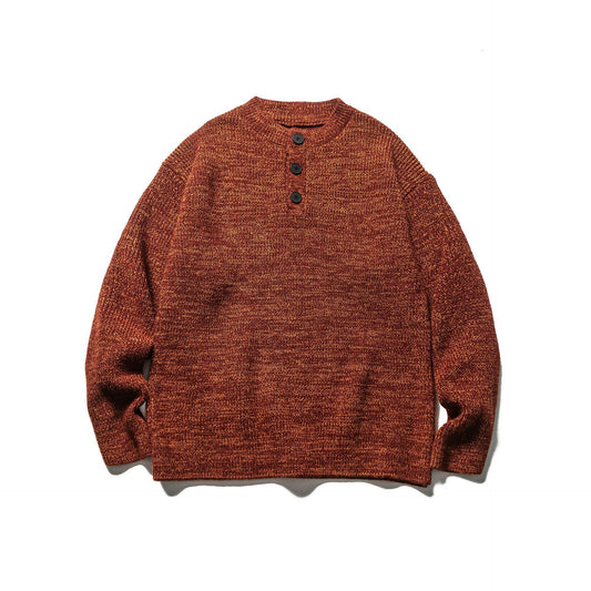 Loose Fit Henley Neck Knitwear Crewneck Sweater with Premium Feel